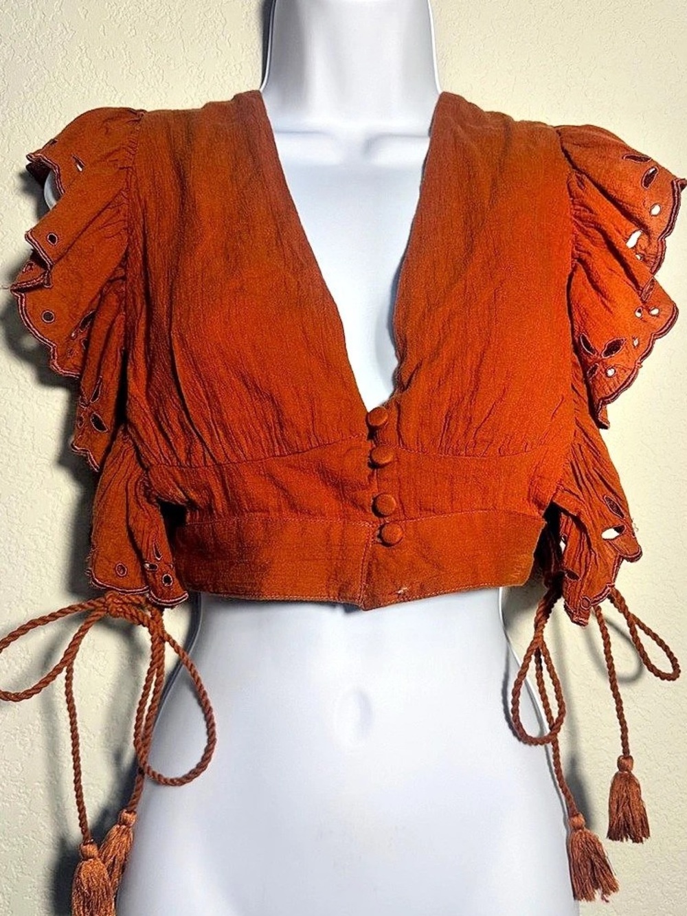 Free People burnt orange top Eyelet Ruffle Crop Top Size 4